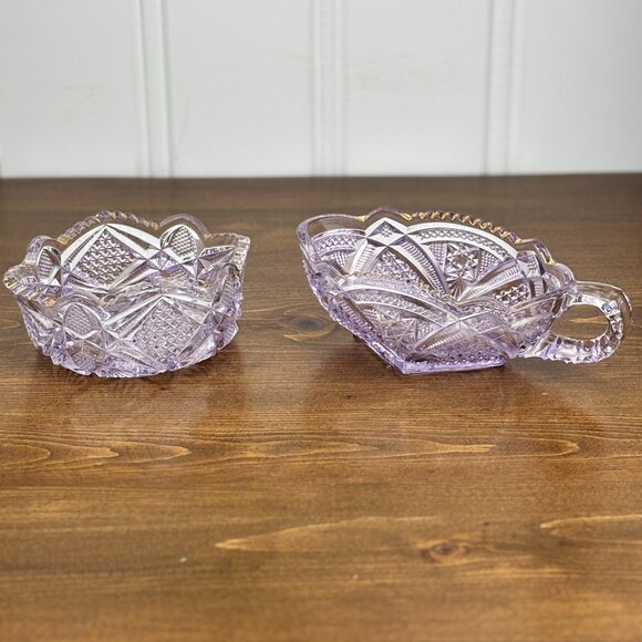 Vintage Cut Glass Amethyst Glass Creamer & Sugar Bowl Set with Gold Gilding - Picture 1 of 13
